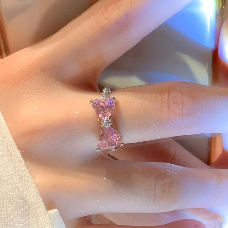 Chic Pink Geometric Diamond Butterfly Bow Ring For Women Trendy Adjustable Band Copper