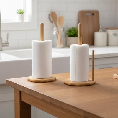New Wooden Paper Towel Holder Double Column Anti-Skid Tissue Holder Durable Portable Paper Towel Stand Bathroom
