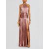 European American Women Metallic Pleated Slit Lace-up Halter Backless Sleeveless Dress