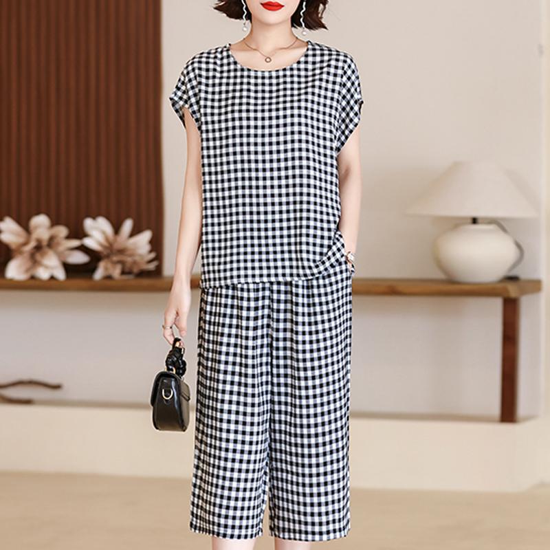Plus Size Women Two Peice Sets Summer Loose Elegant High Waist Pant Sets Female Casual Vintage Print Oversize Suit