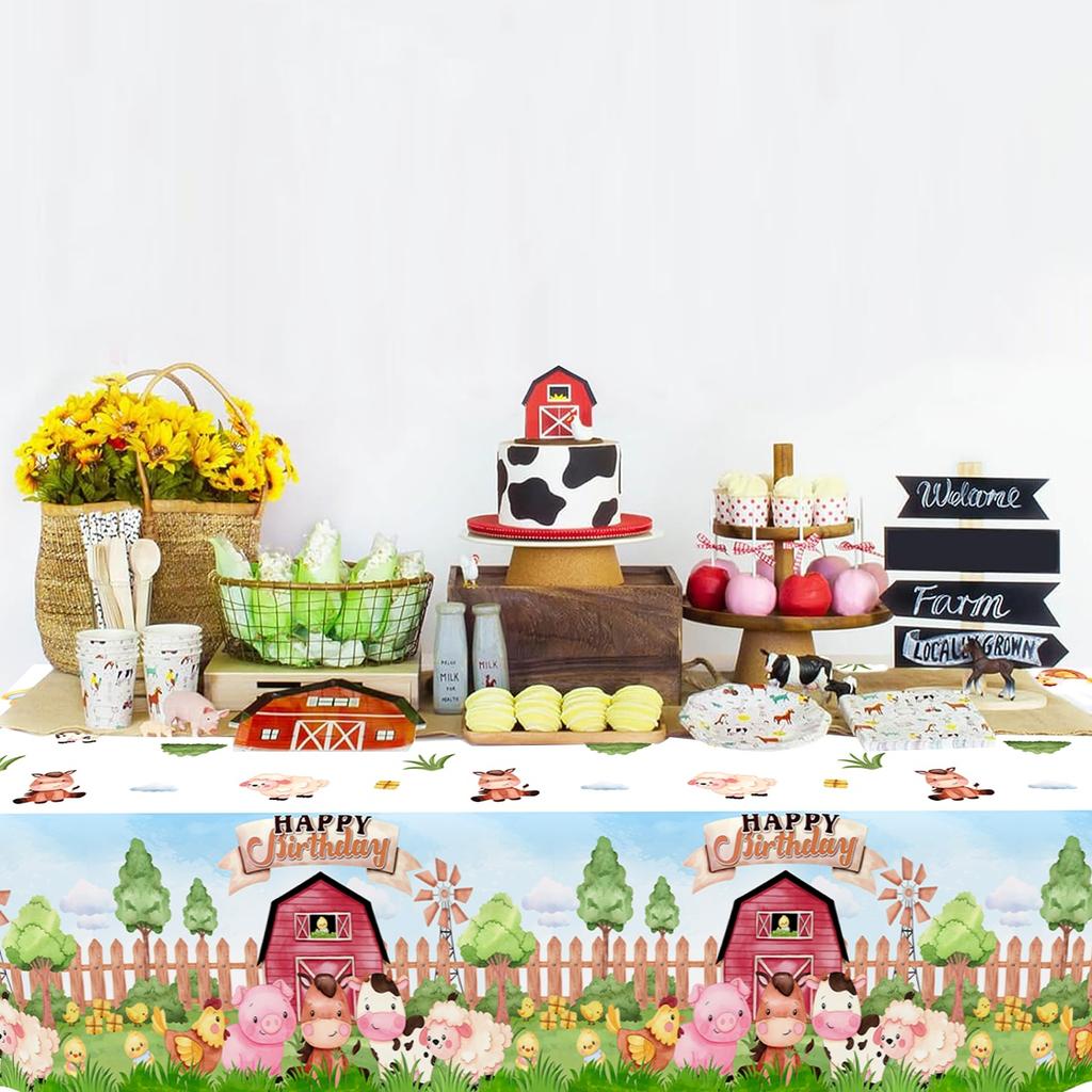 Farm Animals Party Tablecloth Farmhouse Disposable Plastic Table Cover Pig Cow Sheep Barnyard Animal Theme Birthday Party Decor