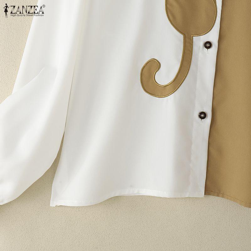 ZANZEA Blusa informal de retales de manga larga con cuello vuelto para mujer