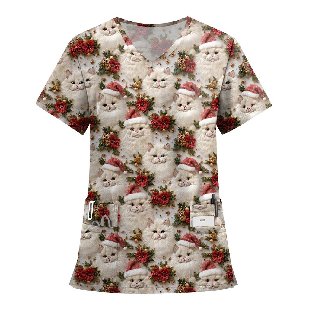 Women's Fashion Printed Short Sleeve V Neck Pattern Tops Pocket Working T-shirts