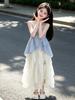2026 New Girls' Plaid Strappy Top & Long Skirt Set - Korean Style