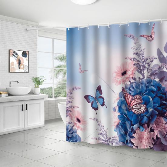 Floral Shower Curtain Spring Farmhouse Bathroom Curtain Waterproof Flowers Butterflies Leaves Bath Curtain with Hooks for Dormitory Shower Bathtub