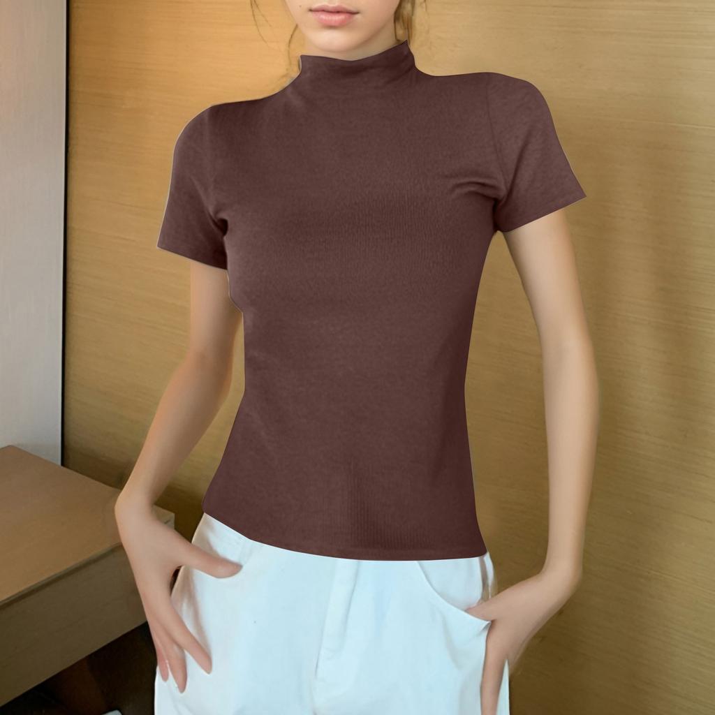 Women's Semi-high Neck With A Slim Short Sleeved Shoulder T-shirt Top