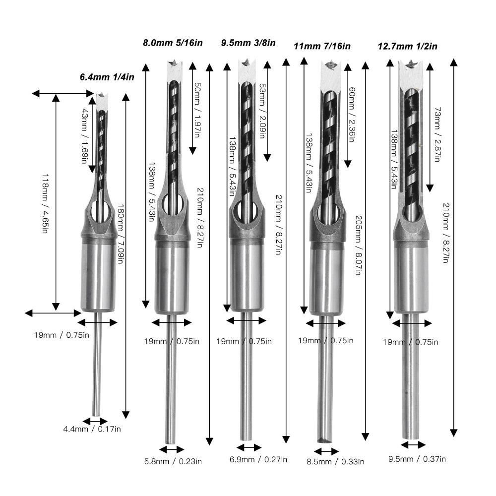 5pcs 1/4-1/2 Inch Sizes Square Hole Drill Bit High Hardness Steel Sharp Cutting Edge Mortising Chisel Set 6.4-12.7mm Sizes
