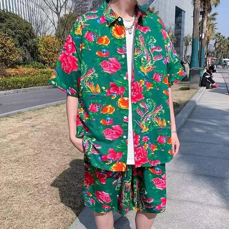 Men's Short-Sleeved Tang Suit Shirt & Casual Pants Set - Retro Floral Plus Size