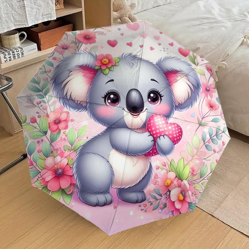 1pc Cute Koala with Heart On Floral Background Umbrella with Plastic Handle,Suitable for All Seasons Home Travel Outdoor UmbrellaDD558