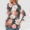 Women's Fashion Casual Floral Print V-Neck Decorative Button Three-quarter Sleeve T-Shirt Top
