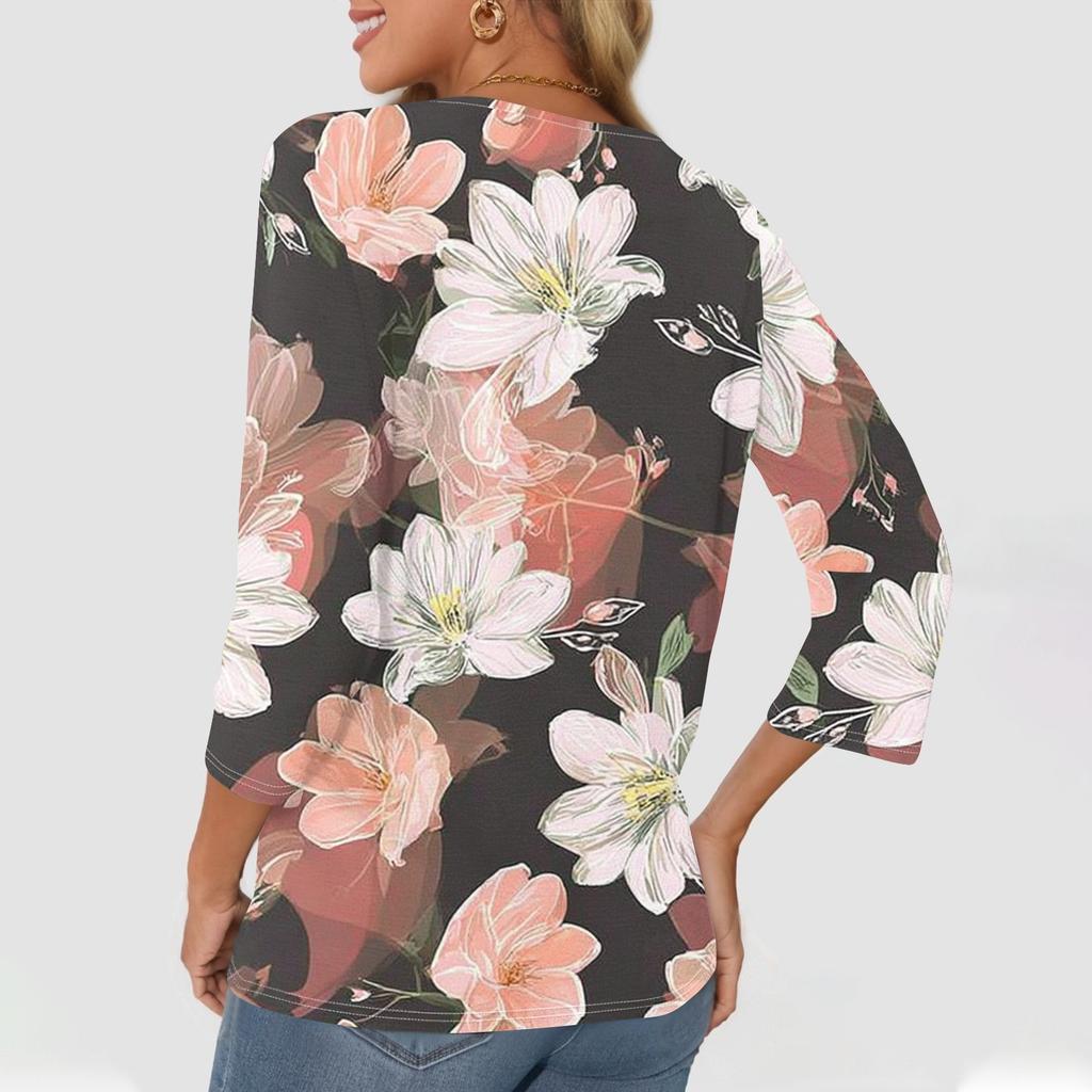 Women's Fashion Casual Floral Print V-Neck Decorative Button Three-quarter Sleeve T-Shirt Top