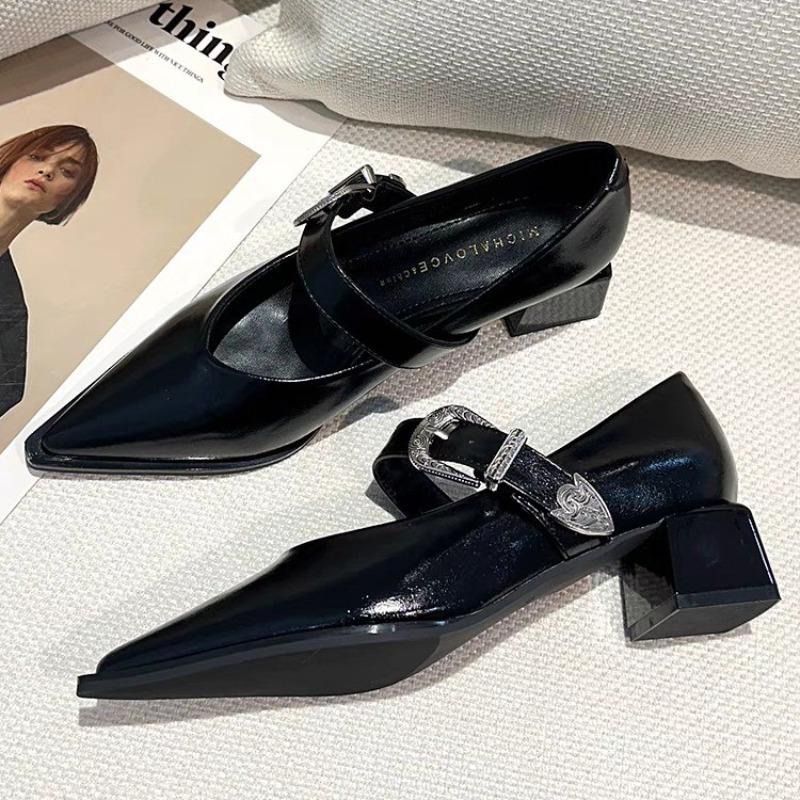 

Модные туфли Мэри Джейн с острым носком, неглубоким вырезом и низким каблуком для женщин, повседневные туфли на ремешке вокруг щиколотки, одинарные туфли-лодочки с острым носком, туфли-лодочки с квадратным носком 35 чёрный