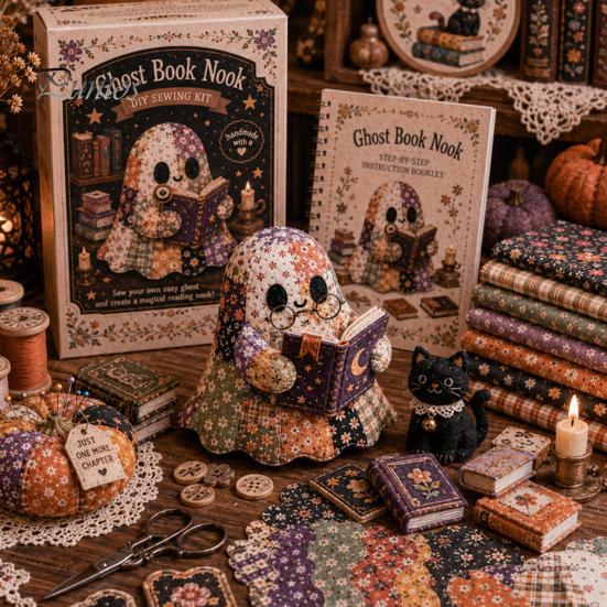 Entspannendes Wochenend-DIY-Aktivität Halloween-Geist Patchwork-Set, Niedliches Puppen-Nähset mit vorgeschnittenen Dekormusterstoffen, Herbstferien-Basteln