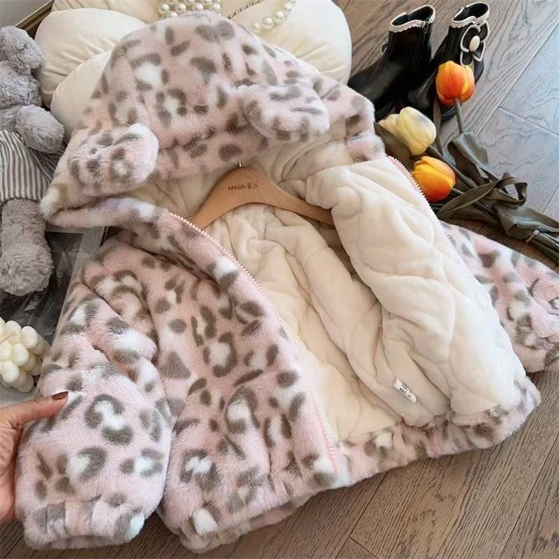 Autumn Winter Baby Girls Coat Children s Leopard Print and Plush Thick Hooded Jacket 70cm розовый