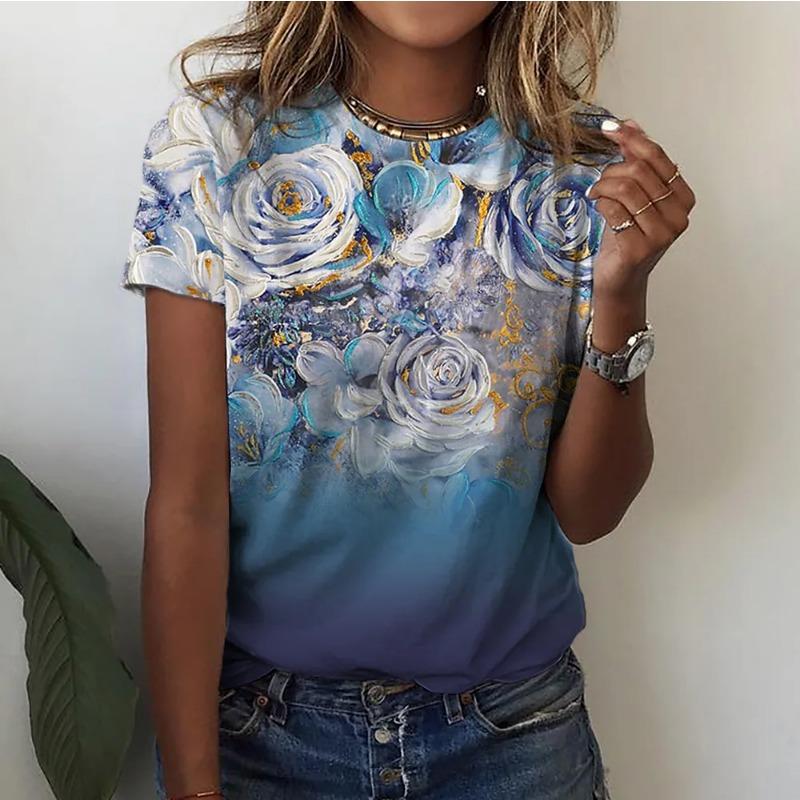 2025moda feminina t camisa floral gráfico harajuku roupas o-pescoço algodão pulôver 3d manga curta t solto streetwear