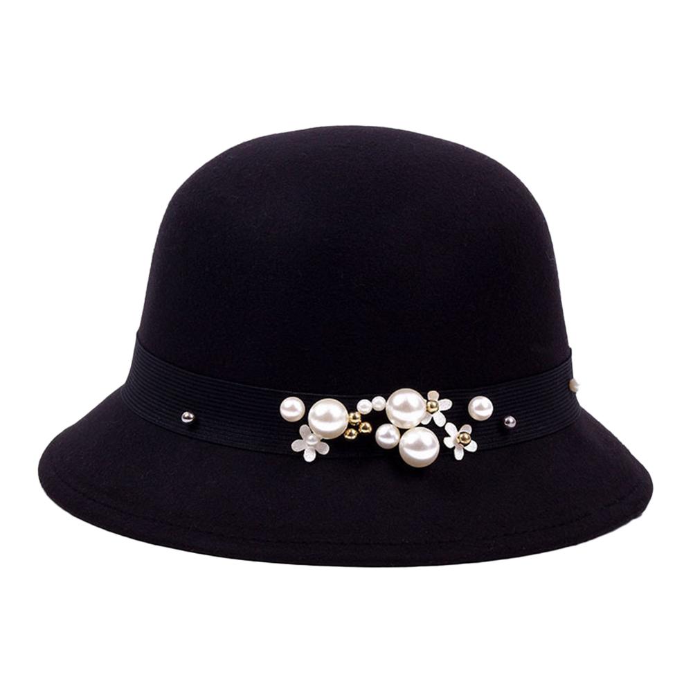 Vintage Women Domed Woollen Hat Adult Fashion Rivets Pearl Decoration Warm Lady Bucket Cap in Winter Autumn Outdoor