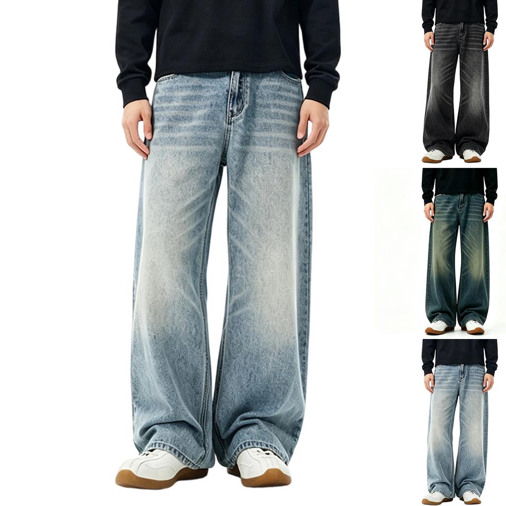 Men's Loose Fit Curved Leg Jeans, Denim Pants with Whiskering for Spring and Fall