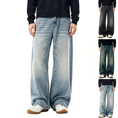 Herren Jeans mit lockerem Schnitt und geschwungenem Bein, Denim Hose mit Whiskering für Frühling und Herbst