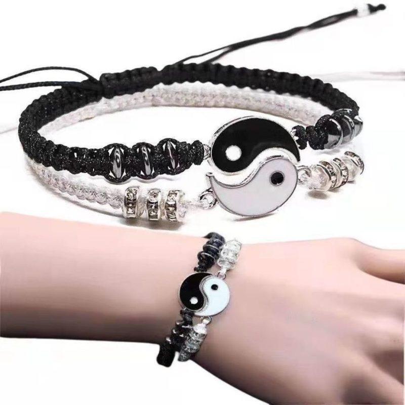 2 PC Zircon Set Couple Black White Tai Chi Bracelet Rope Adjustable Chain Set Simple Style Daily Wear Zircon