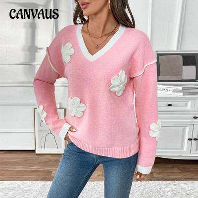Women's Valentine's Day Clothing Long Sleeve V-Neck Applique Pink Sweater