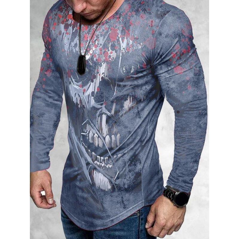 Frühling Herbst Mode Trendiges Herren Langarm Totenkopf Tier Bedrucktes T-Shirt Herren T-Shirts