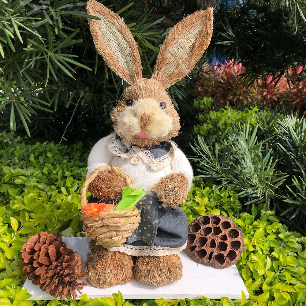 35cm Easter Straw Rabbit Woven Bunny Easter Decoration Sculpture Yard Party Home Easter Ornament Statuette Decoration