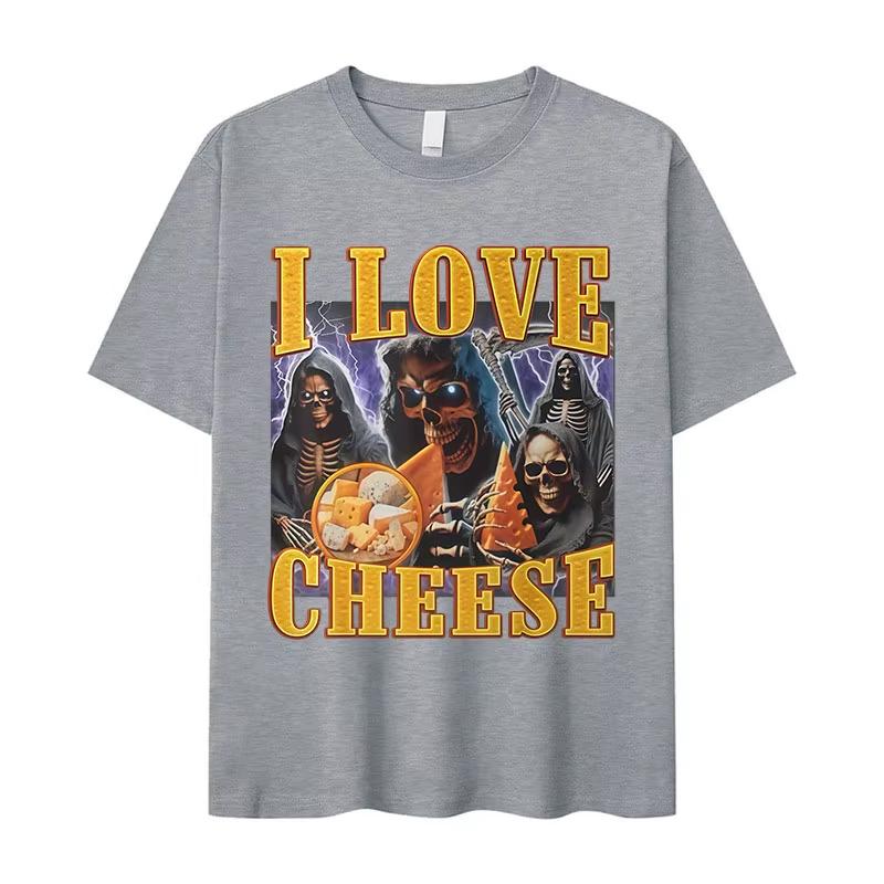 2026 Funny I Love Cheese Skeleton Meme Graphic T Shirt Men Vintage Short Sleeve Tshirts Fashion High Quality Cotton Tshirt