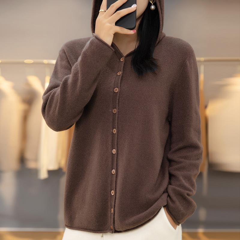 Frühling Herbst Einreiher Strick Cardigan Damen Mit Kapuze Einfarbig Pullover Mantel Locker Schlank Lässig Vielseitig Langarm Strickware