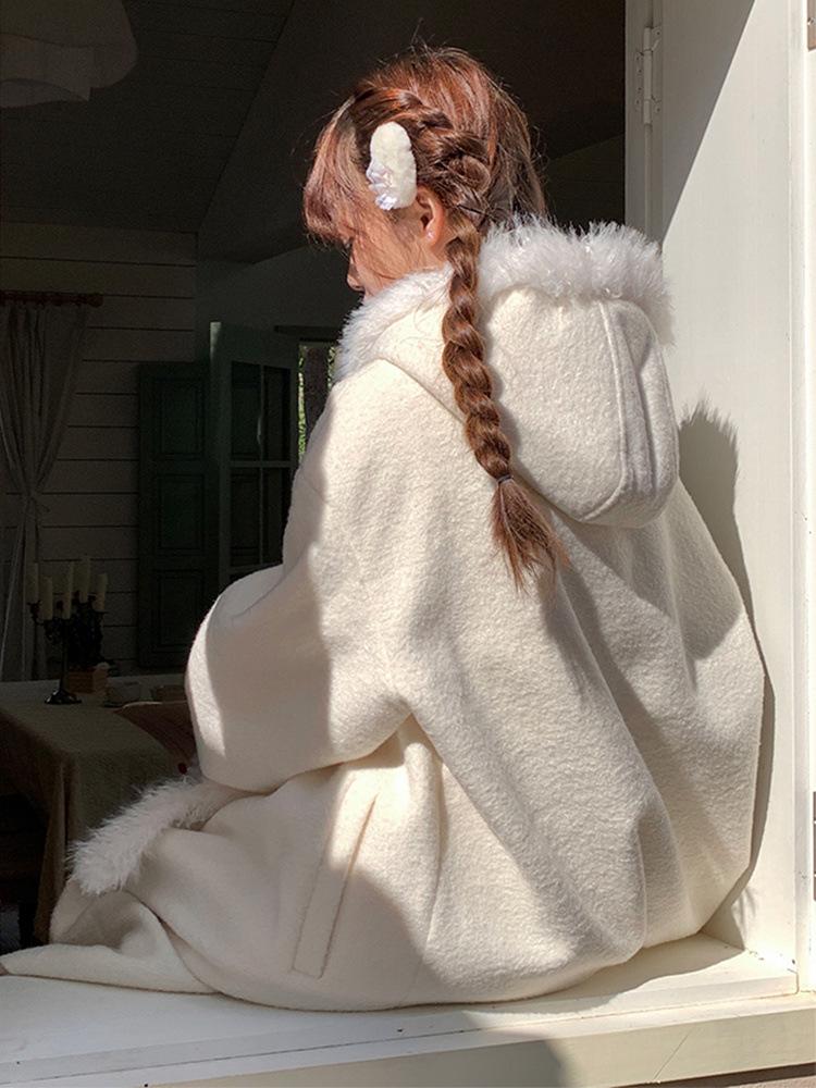 Women's White Wool Hooded Overcoat - Long Sleeve, Loose Fit, 2024 Autumn/Winter