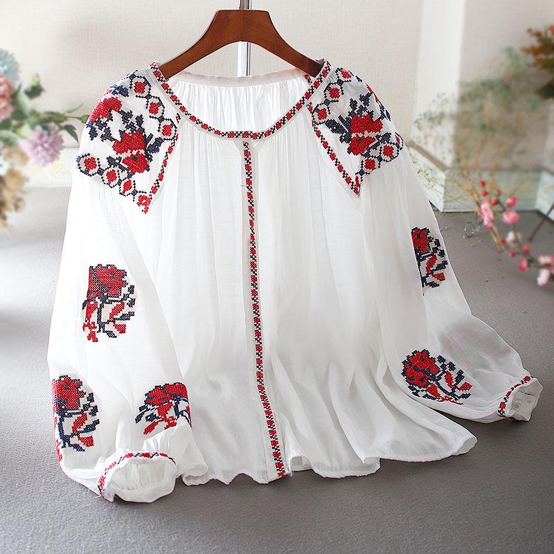 Ethnic Style Embroidered Lantern Sleeve Plus Size Cotton Linen Shirt