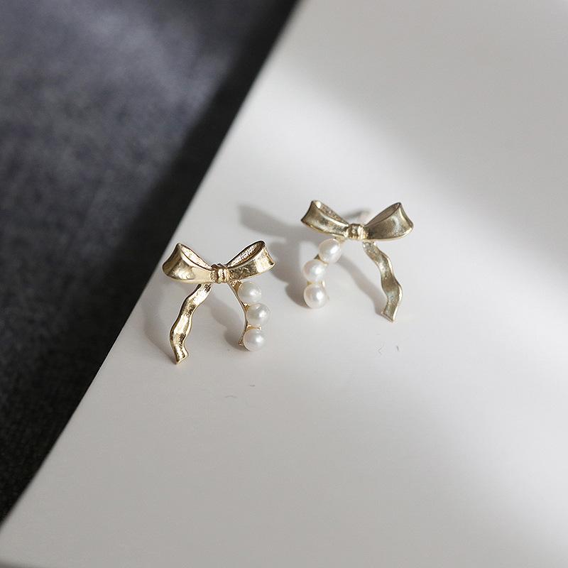 Boucles d'oreilles pendantes Sweet Streamer Petit nœud perle Cadeau Femmes Style Rétro Français