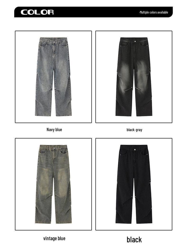 Yadu Unisex Retro Hong Kong Style Washed Denim Pants - Loose Straight Leg Casual Pants