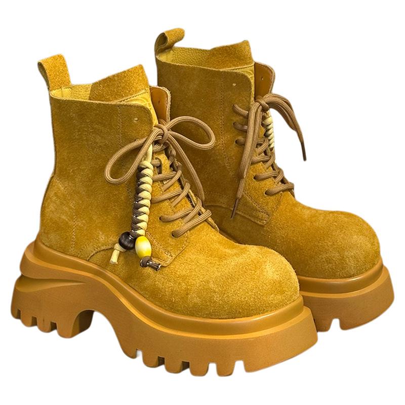 European Thick-soled Heightening Martin Boots Women's 2025 Autumn New Versatile Big Head Lace-up Small Locomotive Boots Short Boots