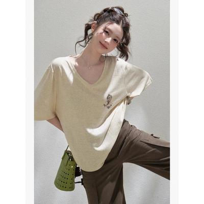 Women Feather Print Loose Short Sleeve Tee