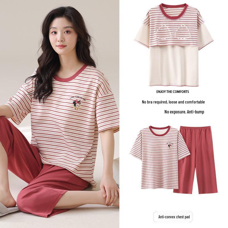 Women's Cotton Cartoon Girl Pajama Set - Short Sleeve & Capri, Wearable Outdoors