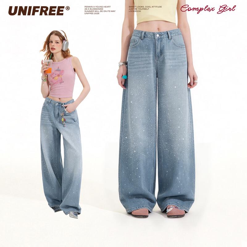 

UNIFREE Women s American Retro Rhinestone Wide-Leg Jeans S