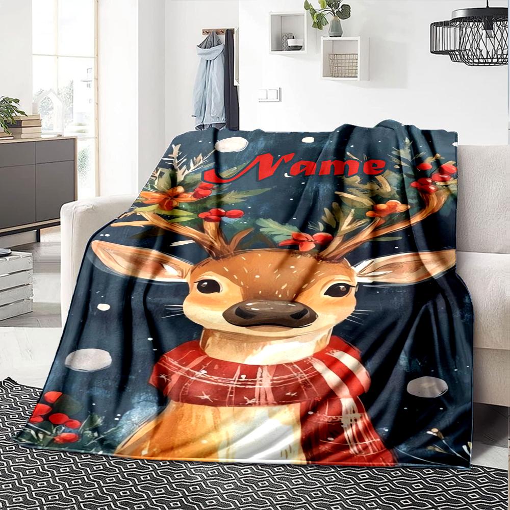 Custom Name Christmas reindeer Theme Printed Blanket - Perfect for Couch, Bed, Travel & Outdoor Use | Machine Washable, Cozy & Durable.