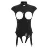 Womens Glossy Patent Leather Bodysuit Mock Neck Sleeveless Hollow Cup Open Crotch Leotard Garter Clips