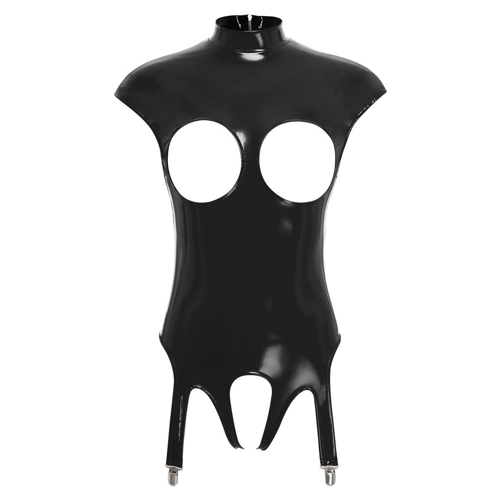 Womens Glossy Patent Leather Bodysuit Mock Neck Sleeveless Hollow Cup Open Crotch Leotard Garter Clips