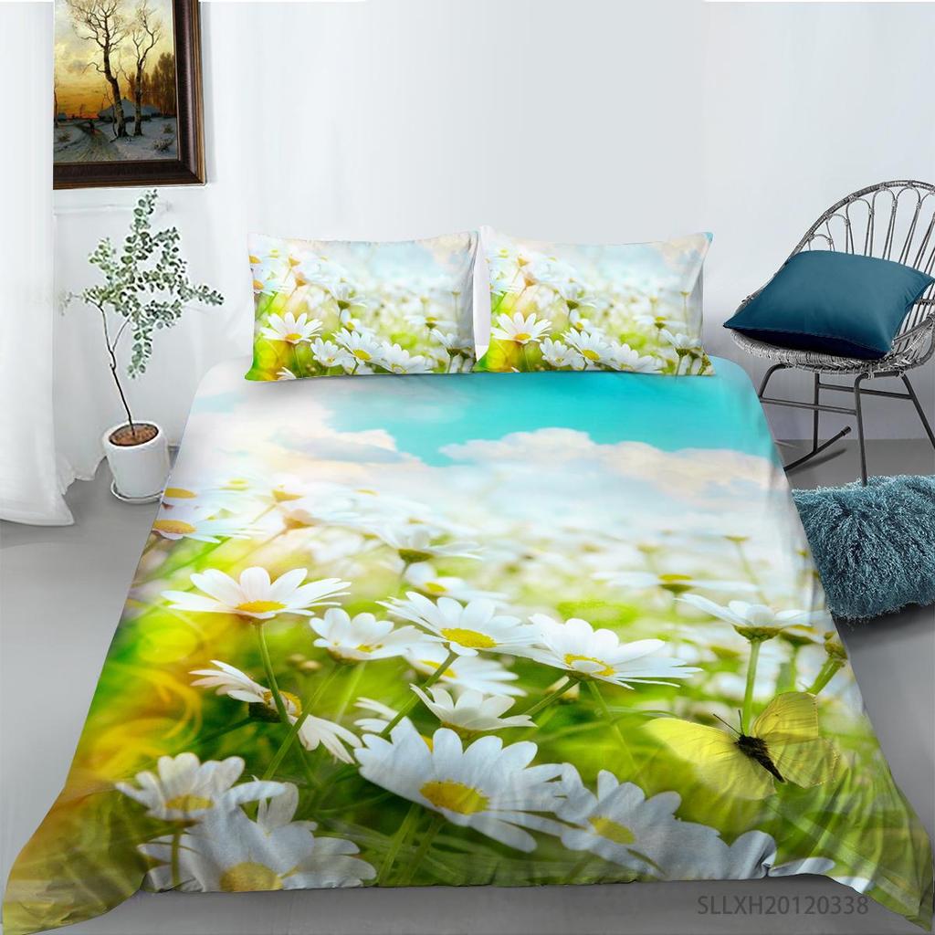 3D Small Daisy Pattern Bedding Single Double Bed Full Size Plant Chrysanthemum Pattern Pillowcase and Quilt Cover 2 or 3 Comfortable Home Decoration