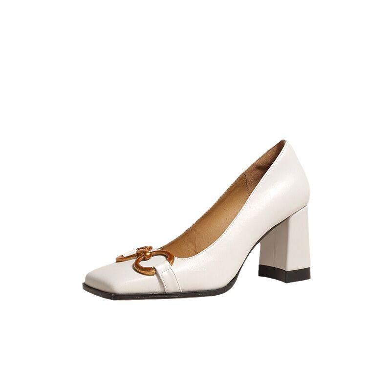 2025 spring new high heels square head thick heel retro metal buckle outer wear women's fashion shoes