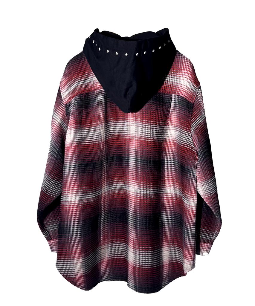 Kodeu Zipper Pocket Hooded Studded Shirt_Rd