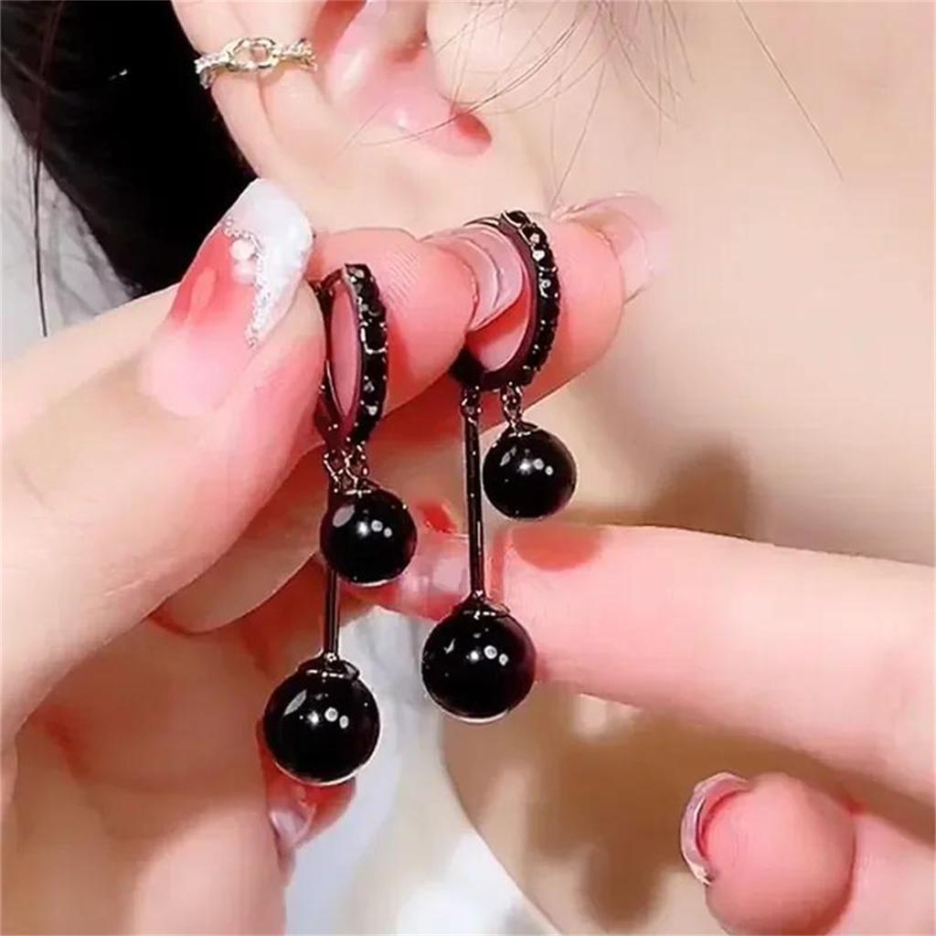 Chic Dangle Earrings Black Tassel Design Inlaid Artificial Gemstone Stud Earrings Match Daily Outfits Party Accessories Casual Dating Decor