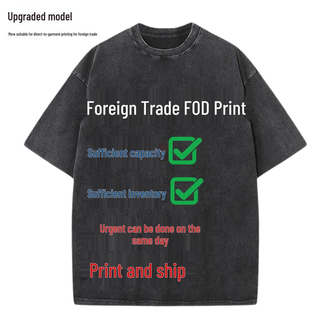 250G Pure Cotton Distressed Short Sleeve Tee, American Retro Style, Teen White Ink DTG Print, Washed Look