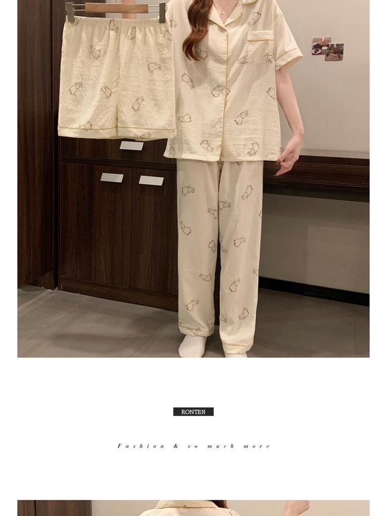 Koreanischer minimalistischer Pyjama-Set aus Wolkenbaumwolle mit Hasenprint: Damen Tragbare Dreiteilige Homewear