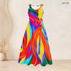 Women Plus Size Round Neck Sleeveless Blue White Printed Tie Waist A Line Long Dress