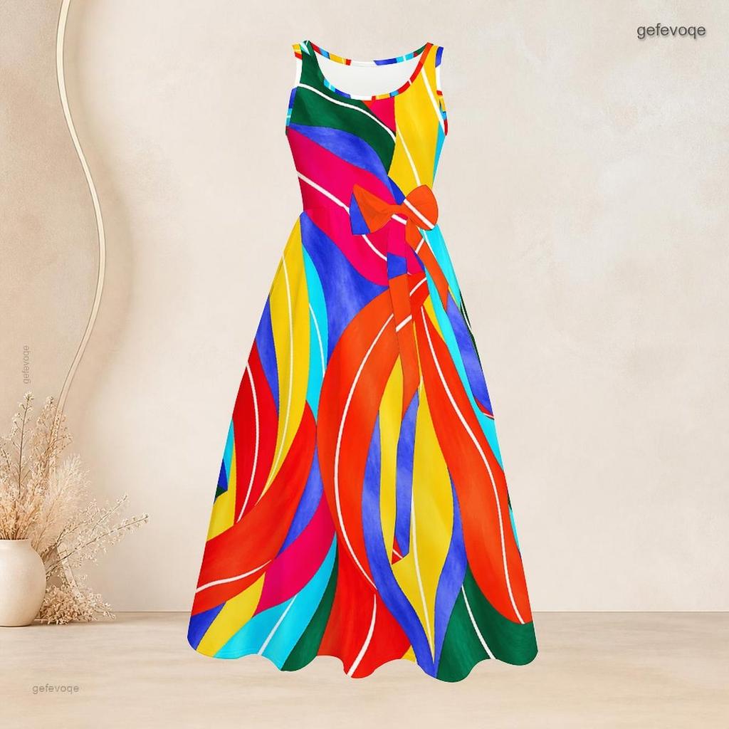 Women Plus Size Round Neck Sleeveless Blue White Printed Tie Waist A Line Long Dress