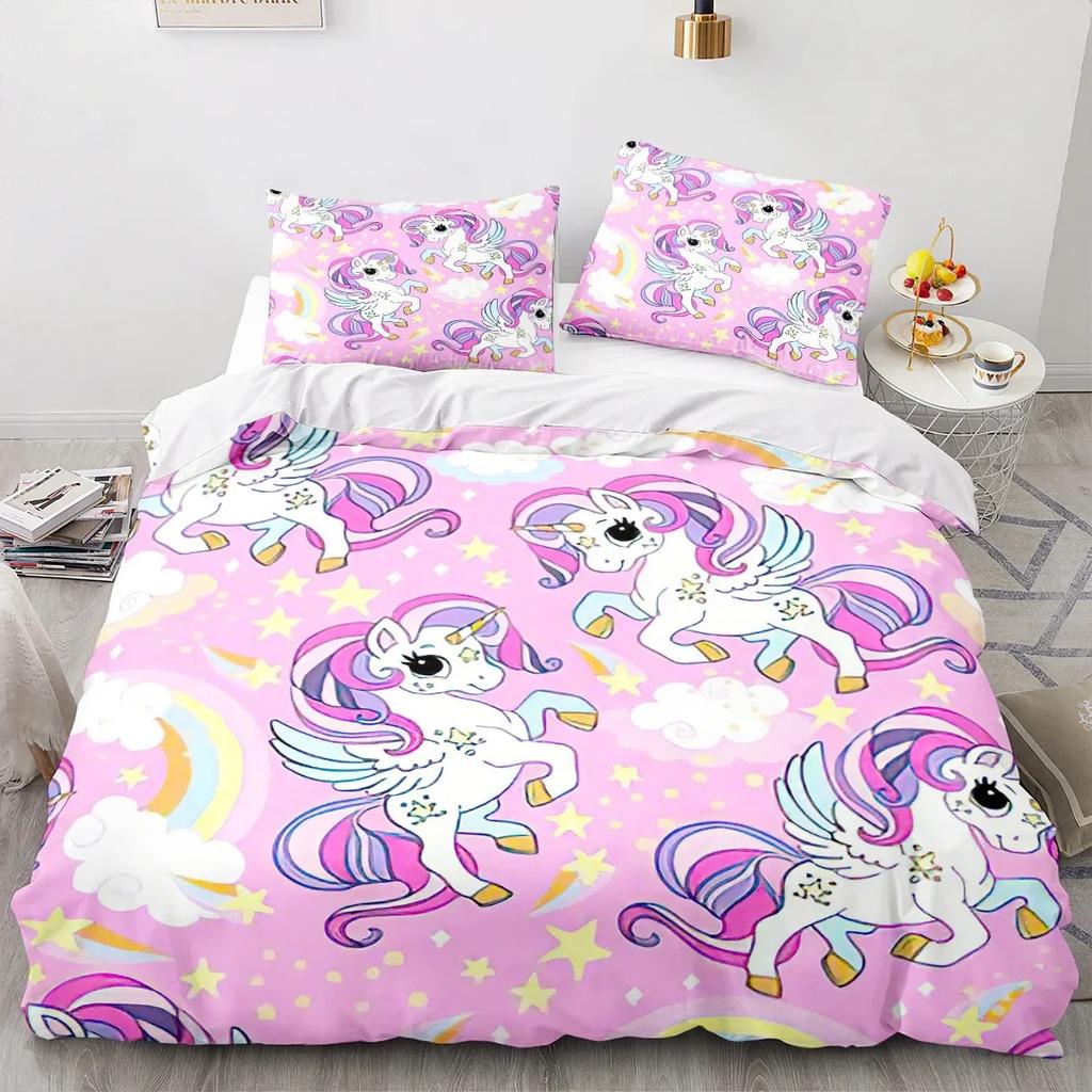 Cartoon Unicorn Duvet Cover King Queen Lovely White Mythical Animal Bedding Set Kids Girl Colorful Rainbow Polyester Quilt Cover Tool