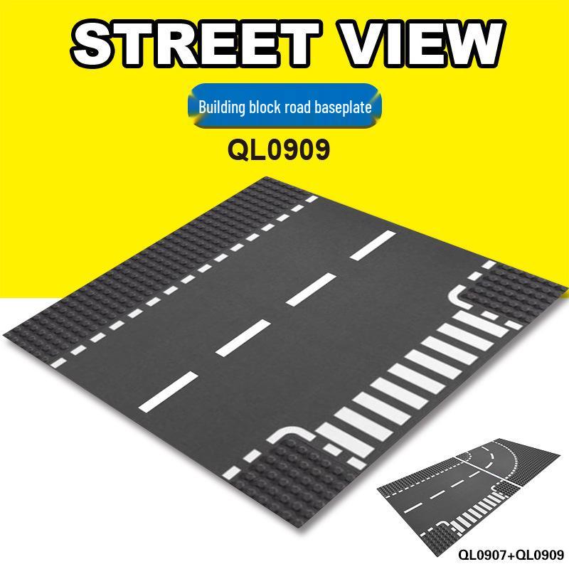 Street Scene 25x25CM Road Baseplate with Small Pegs - Single-Sided Race Track, Straight & Curved
