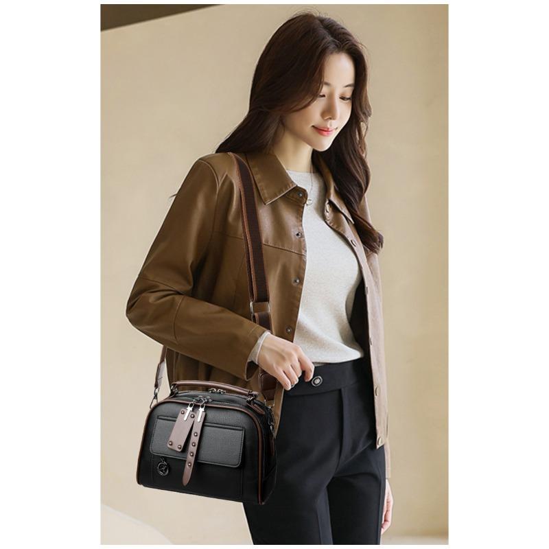 Women's Textured Leather Top-Handle Crossbody Bag Multi-Pocket Design Casual Shoulder Bag